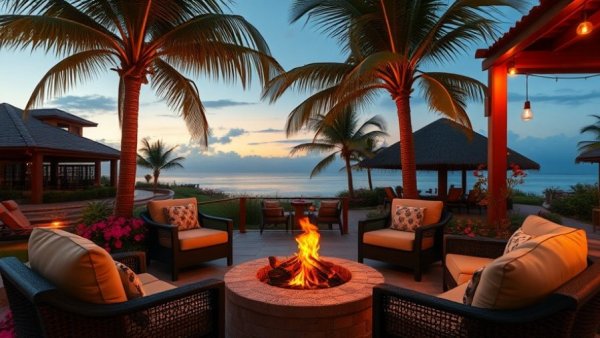 Tropical resort retreat with fire pit seating for last-minute travel deals.