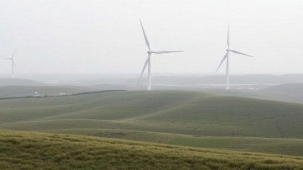 Wind turbines on a grassy plain under a cloudy sky.