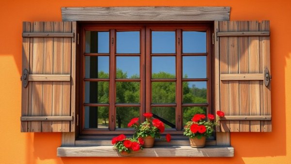 Classic windows with energy efficient shutters on orange wall
