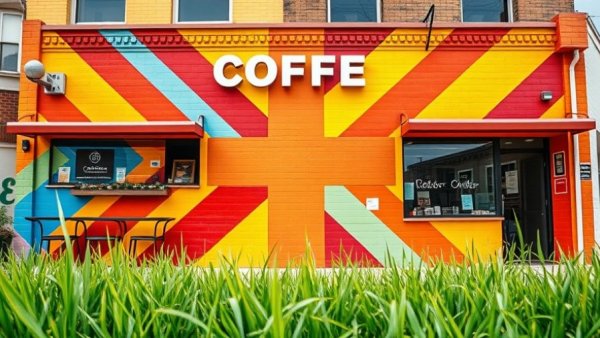 Vibrant mural at Sacred Grounds Coffeehouse promoting free concerts.