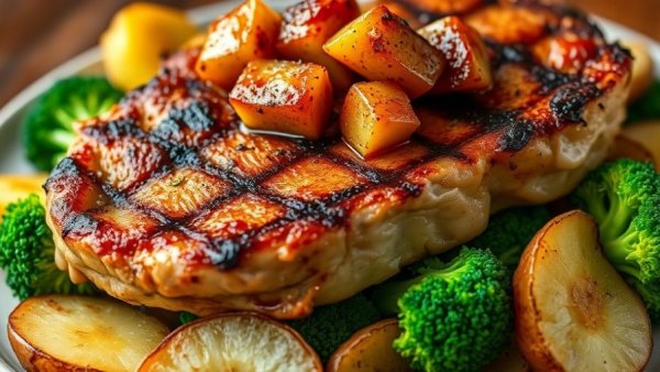 Grilled pork chop with apples at Sanford restaurant for weekend travel.