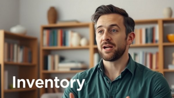 Man discussing real estate inventory with dynamic text overlay.