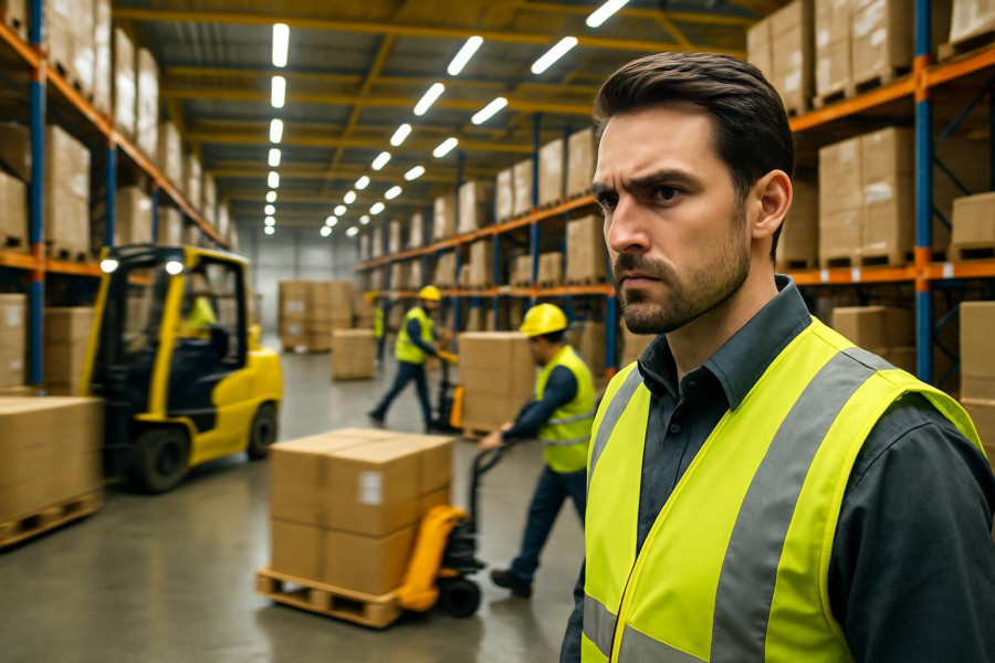 dynamic hub logistics, focused expression, overseeing operations, photorealistic, busy warehouse with cargo and forklifts, highly detailed, workers moving with efficiency, 1/1000 shutter speed, f/3.5 aperture, vibrant yellow, fluorescent lighting, shot with a wide-angle lens.