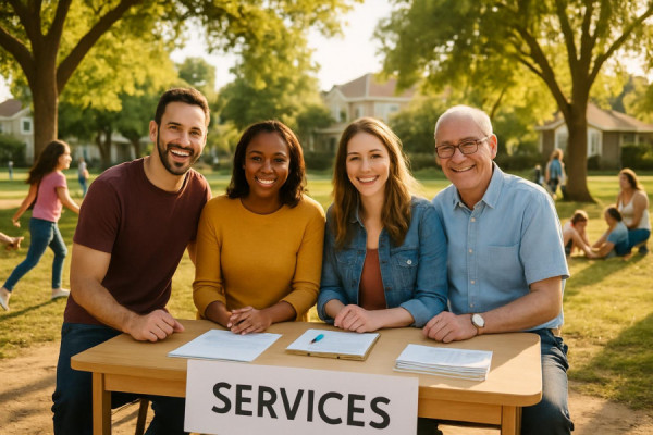 welcoming community essentials, friendly faces, offering services, photorealistic, a sunny neighborhood park with families enjoying their day, highly detailed, children playing and dogs running, 35mm lens, warm and inviting colors, soft afternoon light, shot with a mirrorless camera