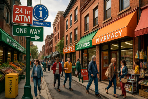 organized neighborhood essentials, efficient systems, facilitating exchange, photorealistic, a street with diverse local shops and eager shoppers, highly detailed, dynamic street signs and storefronts, 24mm lens, crisp and vivid colors, diffused daylight, shot with a wide-angle lens