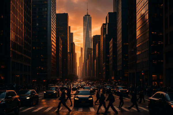 bustling city essentials, energetic vibe, driving innovation, photorealistic, a sprawling cityscape featuring skyscrapers and bustling streets, highly detailed, cars whizzing by and people in motion, 85mm lens, sharp contrasts, dramatic sunset lighting, shot with a telephoto lens
