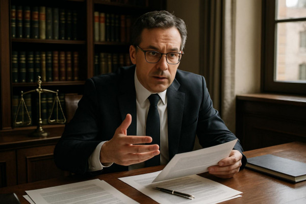 attentive legal advice, focused expression, explaining, photorealistic, law office with bookshelves, highly detailed, papers on desk, technical details, dark wood and beige, natural window lighting, shot with a 35mm lens.