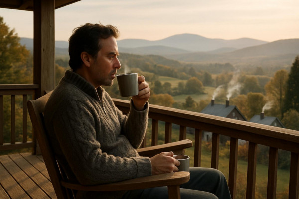 picturesque upstate living, relaxed, enjoying a cup of coffee on the porch, photorealistic, rolling hills and distant mountains seen from a wooden deck, highly detailed, smoke gently rising from chimneys, earthy colors, soft morning light, shot with a 50mm lens.