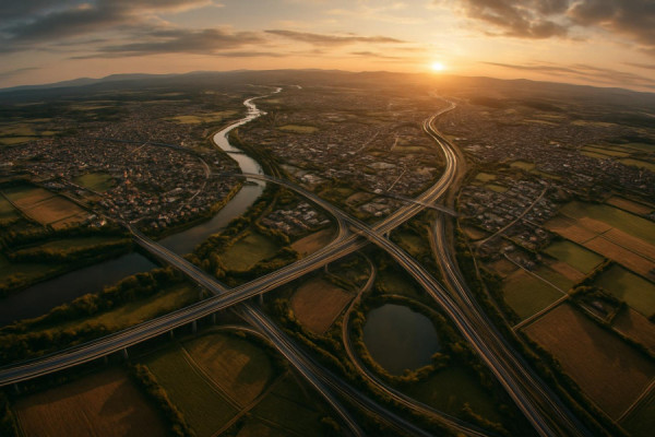 vast regional essentials, interconnected networks, sustaining growth, photorealistic, a panoramic view of a region with interconnected communities and infrastructure, highly detailed, transport systems and natural landscapes, 16mm fisheye lens, earthy tones, ambient evening light, shot with a drone-mounted camera