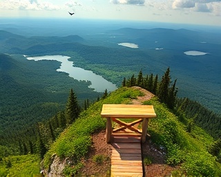 breathtaking upstate scenery, awe-inspired, hiking on a mountain trail, photorealistic, vast landscapes with forests and lakes, highly detailed, birds flying above, vibrant greens, natural lighting, shot with a wide-angle lens.