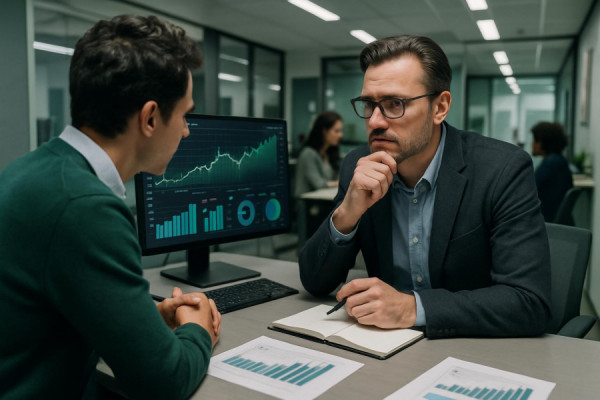 dedicated financial guidance, thoughtful expression, consulting, photorealistic, modern office with graphs on screen, highly detailed, people collaborating, technical details, grey and green, overhead fluorescent lighting, shot with a 24mm lens.