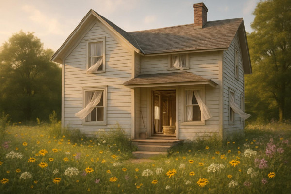 quaint upstate house, content, renovating the interior, photorealistic, a vintage farmhouse surrounded by wildflowers, highly detailed, fluttering curtains in the windows, muted pastels, ambient afternoon glow, shot with a 24mm lens.
