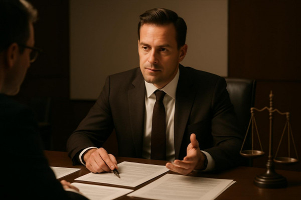 professional law consultation, confident expression, discussing, photorealistic, conference room setting, highly detailed, legal documents on table, technical details, brown and cream, directional spotlighting, shot with a 85mm lens.