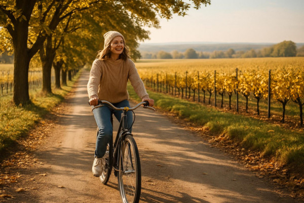 serene upstate lifestyle, joyful, cycling through a country road, photorealistic, endless vineyards stretching to the horizon, highly detailed, rustling leaves, rich browns and yellows, dappled sunlight filtering through trees, shot with a 35mm lens.