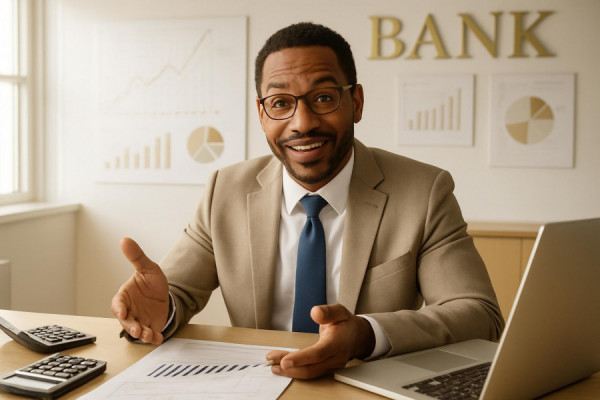 helpful finance help, encouraging expression, advising, photorealistic, bank office with charts, highly detailed, calculators and laptops visible, technical details, white and gold, diffuse daylight lighting, shot with a 28mm lens.