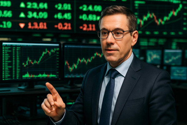 informed financial guidance, assured expression, instructing, photorealistic, trading floor with monitors, highly detailed, dynamic stock tickers, technical details, black and neon green, contrasting lighting, shot with a 70mm lens.