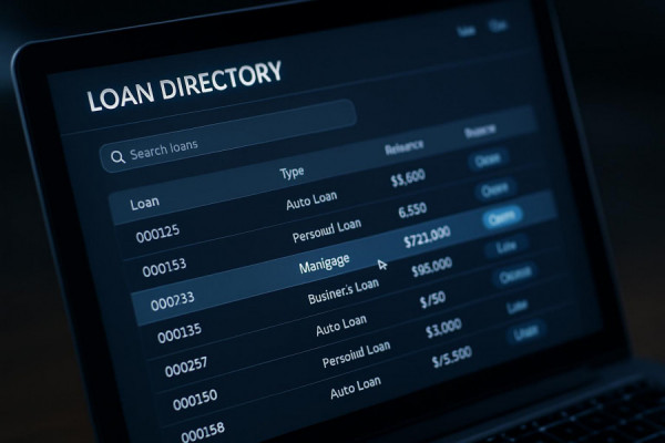 organized loan directory, searchable interface, accessing data, photorealistic, digital platform with sleek design, highly detailed, dynamic user interactions, precise layouts, cool shades, ambient screen glow, shot with a macro lens.