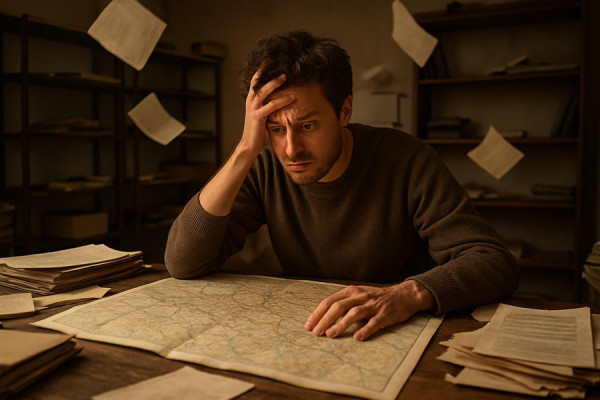 worried individual, expressing anxiety, looking at map, photorealistic, cluttered room with half-empty shelves, highly detailed, papers flying off the desk, earthy tones, soft indoor lighting, shot with a wide-angle lens.