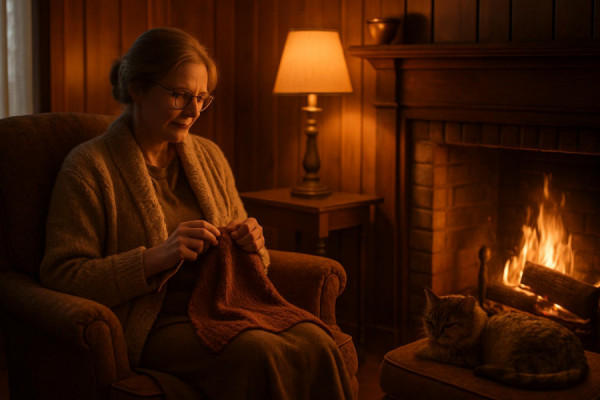 idyllic upstate living, peaceful, knitting beside a fireplace, photorealistic, a cozy room with wooden paneling and vintage furniture, highly detailed, a cat lounging on a chair, warm amber hues, soft evening glow, shot with a 50mm lens.