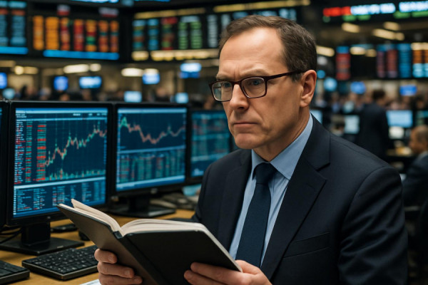 comprehensive finance directory, attentive expression, analyzing markets, photorealistic, bustling trading floor, highly detailed, flashing screens and tickers, strategic intelligence, neutral colors, bright artificial lighting, shot with a telephoto lens.