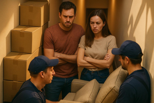 concerned couple, showing frustration, dealing with moving obstacles, photorealistic, narrow staircase piled with cartons, highly detailed, movers struggling with furniture, warm colors, shadows cast on the wall, shot with a telephoto lens.