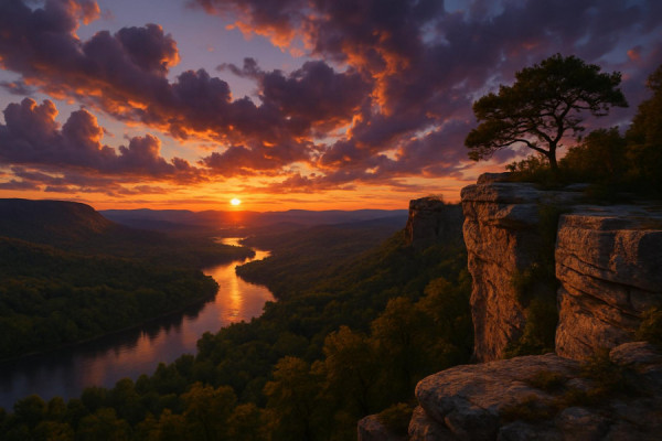 majestic upstate scenery, reflective, painting a dramatic sunset, photorealistic, a cliff overlooking a valley with a river winding through, highly detailed, clouds slowly drifting, vivid oranges and purples, glowing twilight, shot with a panoramic lens.