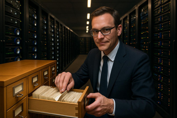 efficient credit directory, confident expression, sorting databases, photorealistic, library-like environment with rows of servers, highly detailed, spinning drives and blinking lights, proficient skills, balanced contrast, focused spotlight, shot with a wide-angle lens.