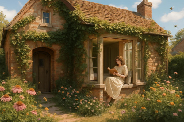 charming upstate house, nostalgic, reading in a sunlit alcove, photorealistic, a brick cottage with ivy-covered walls, highly detailed, bees buzzing in the garden, soft pastels, gentle midday lighting, shot with a 24mm lens.