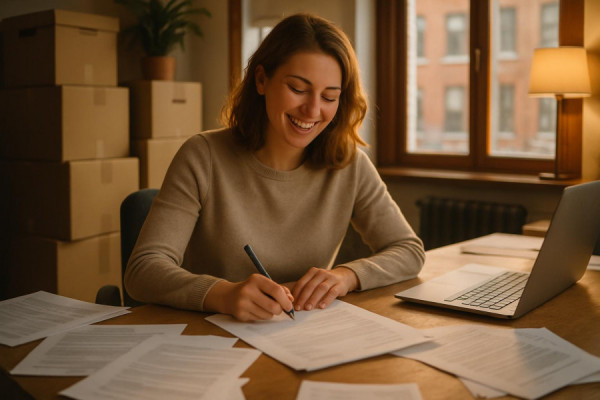 comprehensive relocation transition, relieved, finalizing documents, photorealistic, cozy urban office setting, highly detailed, scattering of papers and a laptop, shallow depth of field, warm tones, afternoon lighting, shot with a 50mm prime lens.