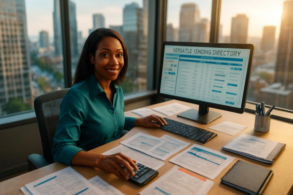 versatile lending directory, resourceful expression, facilitating transactions, photorealistic, urban office with a panoramic view, highly detailed, shifting paperwork and user inputs, efficient processes, vibrant hues, diffused morning light, shot with a tilt-shift lens.