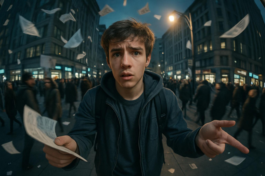 confused teenager, feeling lost, asking for directions, photorealistic, busy city street with crowds passing by, highly detailed, wind blowing flyers around, cool tones, streetlight illuminating the scene, shot with a fisheye lens.