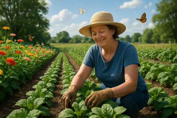 peaceful upstate lifestyle, satisfied, gardening under a bright sky, photorealistic, rows of vegetables and colorful flowers, highly detailed, butterflies flitting nearby, lush greens, crisp daylight, shot with a 50mm lens.