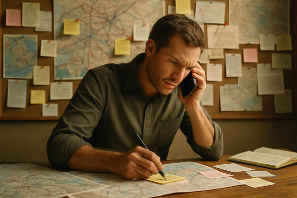 strategic relocation planning, focused, arranging travel logistics, photorealistic, large pinboard filled with maps and notes in the background, highly detailed, dynamic note-taking and phone calls, clarity in subject, earthen colors, diffused lighting, shot with a classic 85mm lens.