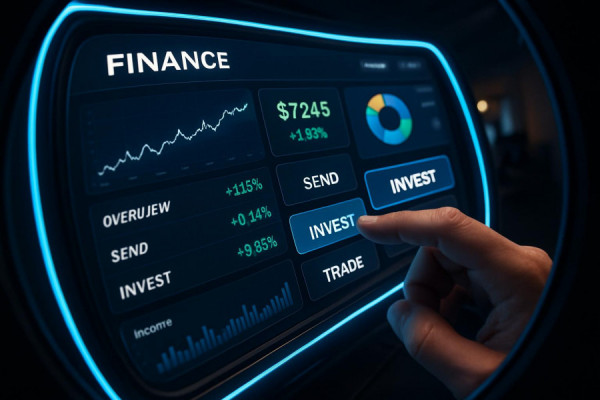 interactive finance platform, engaging interface, navigating options, photorealistic, cutting-edge GUI with intuitive controls, highly detailed, swift data flow and feedback, responsive experience, sharp contrasts, accented LED lighting, shot with a fisheye lens.