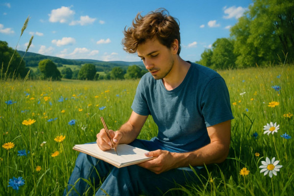 vibrant upstate scenery, inspired, sketching in a scenic meadow, photorealistic, wildflowers and lush grass stretching out, highly detailed, wind softly swaying the tall grasses, vivid blues and greens, sunny disposition, shot with a 35mm lens.