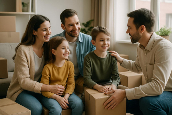 supportive relocation assistance, caring, aiding a family, photorealistic, modern living room setting with moving boxes, highly detailed, family interactions, crisp details, pastel colors, soft natural lighting, shot with a 35mm focal length.