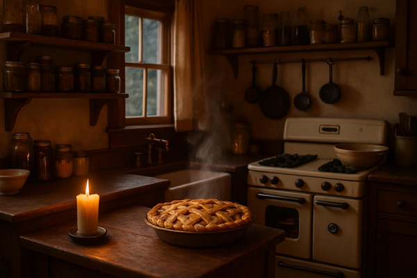 charming upstate house, cozy, baking pies in the rustic kitchen, photorealistic, vintage appliances and wooden shelves filled with jars, highly detailed, rising steam from a freshly baked pie, warm cozy tones, candlelit atmosphere, shot with a 50mm lens.