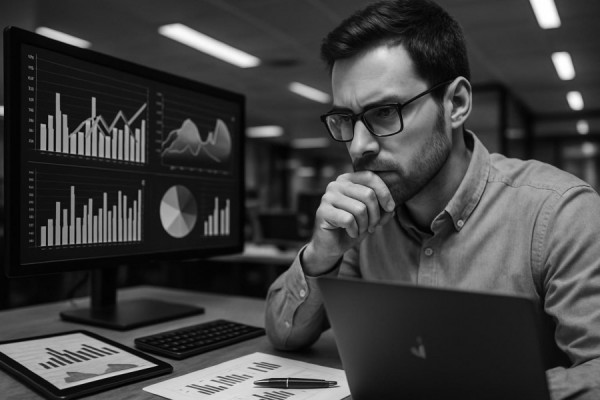 informative data insights, thoughtful expression, compiling statistics, photorealistic, modern office with tech gadgets, highly detailed, graphs and charts on screens, crisp clarity, monochrome color scheme, fluorescent lighting, shot with a macro lens.