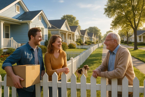 picturesque upstate move, excited, chatting with neighbors over a fence, photorealistic, neat rows of suburban bungalows with picket fences, highly detailed, dogs playing on the lawns, soft blues and greens, morning glow, shot with a 24mm lens.