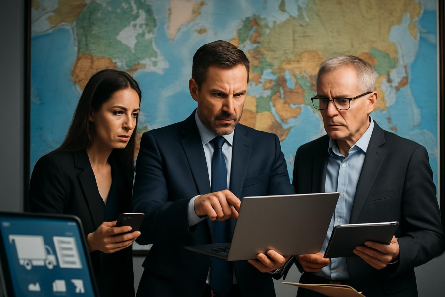 efficient relocation experts, decisive, orchestrating logistics, photorealistic, large global map wall display as background, highly detailed, use of digital devices and screens, high resolution, dynamic contrast, studio lighting, shot with a telephoto lens.