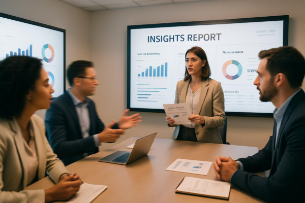 engaging insights report, analytical expression, summarizing facts, photorealistic, conference room with smart boards, highly detailed, professionals discussing, motion blur, pastel colors, soft ambient lighting, shot with a 24mm lens.