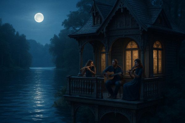 enchanting upstate living, enchanted, playing musical instruments on a balcony, photorealistic, an ornate wooden house overlooking a serene lake, highly detailed, gentle ripples in the water, cool blues, moonlit reflection, shot with a long lens.