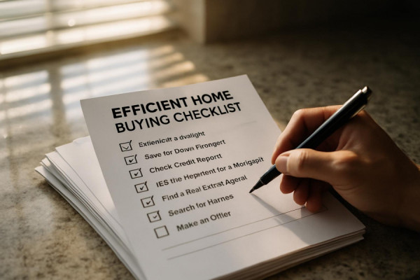 efficient home buying checklist, focused, checking off items, photorealistic, kitchen counter with a stack of papers and a pen, highly detailed, sunlight streaming through blinds, bokeh effect, neutral colors, ambient lighting, shot with a 35mm lens.
