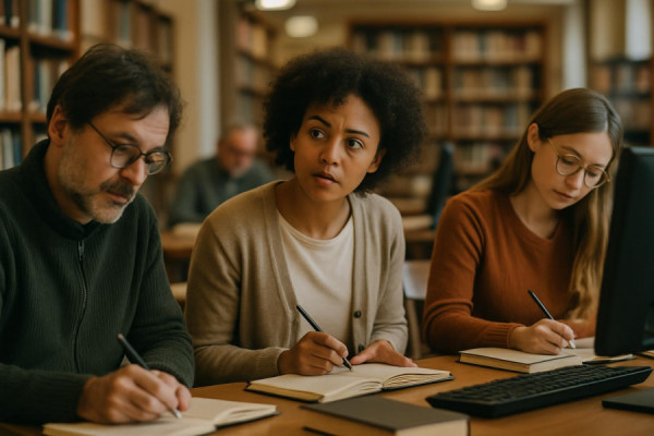 comprehensive community research, curious expression, observing patterns, photorealistic, library with books and computers, highly detailed, researchers with notebooks, high resolution, warm color tones, diffused lighting, shot with an 85mm lens.