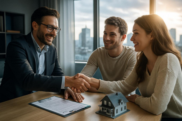 insightful home buying advice, reassuring, shaking hands on a deal, photorealistic, real estate office with a window view of cityscape, highly detailed, movement captured, high dynamic range, cool tones, backlit with sunlight, shot with a 24mm lens.