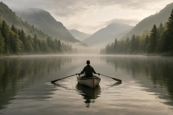 spectacular upstate scenery, invigorated, rowing on a tranquil lake, photorealistic, water surrounded by mountains and forests, highly detailed, a light mist rising off the lake, soft greys and greens, diffused sunlight, shot with a wide lens.