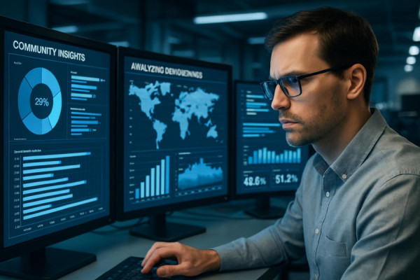 meticulous community insights, focused expression, analyzing demographics, photorealistic, digital lab with interactive screens, highly detailed, visualizations on displays, precise lines, cool color palette, studio lighting, shot with a 35mm lens.