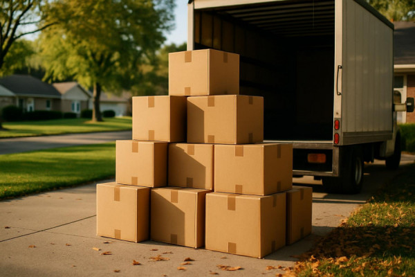 stack of moving boxes, organized, being loaded into a truck, photorealistic, suburban driveway with green lawns, highly detailed, scattering leaves, crisp edges, earthy tones, afternoon sunlight, shot with a 50mm lens.