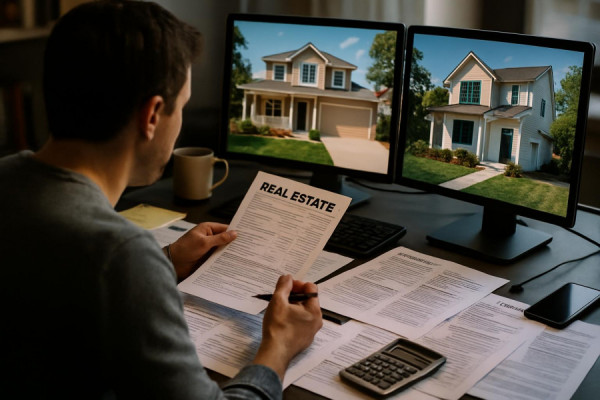 practical home buying, strategizing, reviewing listings, photorealistic, tech-savvy workspace with dual monitors displaying homes, highly detailed, cluttered with relevant documents, crisp and vibrant, digital screen glow, shot with a 70-200mm lens.