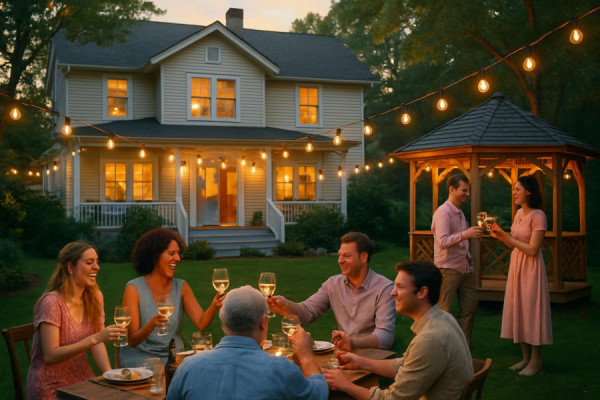 inviting upstate house, sociable, hosting a garden party, photorealistic, sprawling backyard with string lights and a wooden gazebo, highly detailed, laughter and clinking glasses, festive pastels, evening light, shot with a 35mm lens.